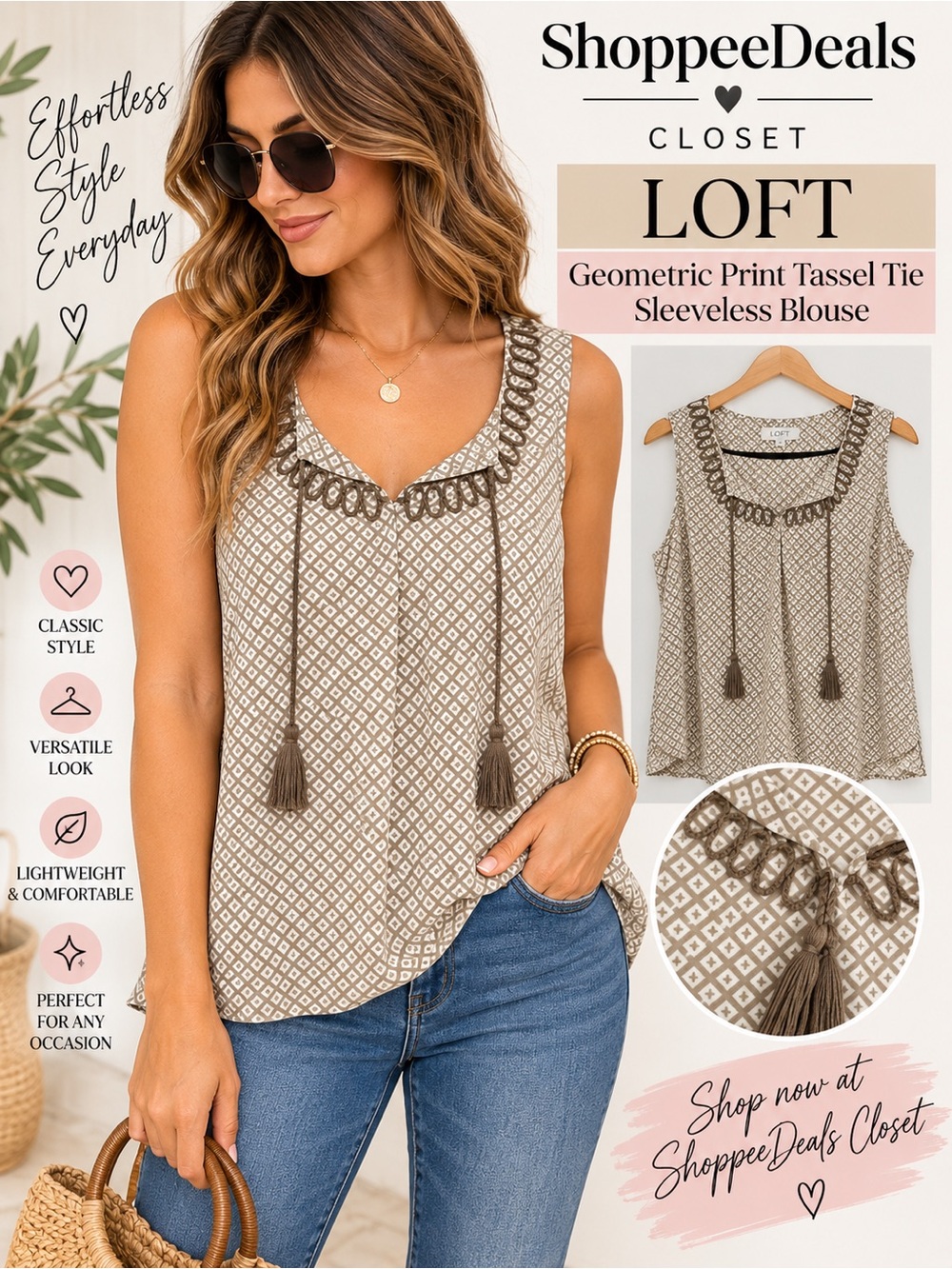 LOFT Geometric Print Tassel Tie Sleeveless Blouse